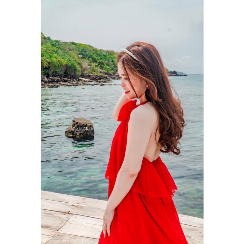 Đầm maxi voan tầng yếm hoa cổ