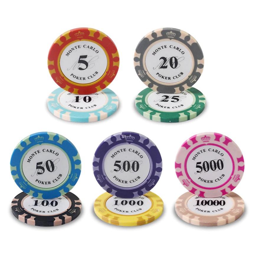 Lẻ 1 cọc 10 phỉnh đất sét poker Monte Carlo hàng đẹp nhiều mệnh giá lựa chọn 1, 5, 10, 25, 50, 100, 200