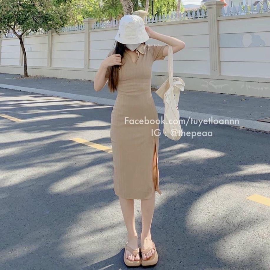 Đầm ôm body sọc,đầm xẻ tà tôn dáng Form FREESIZE, chất len gân đẹp