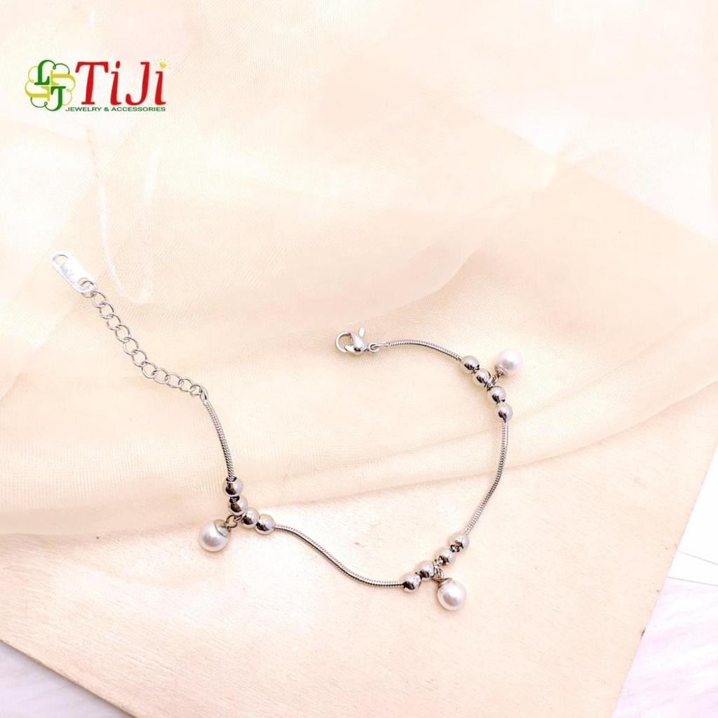 Lắc tay lắc chân nữ inox kiểu mì xỏ bi ngọc trai nhân tạo cách điệu không đen không gỉ sét