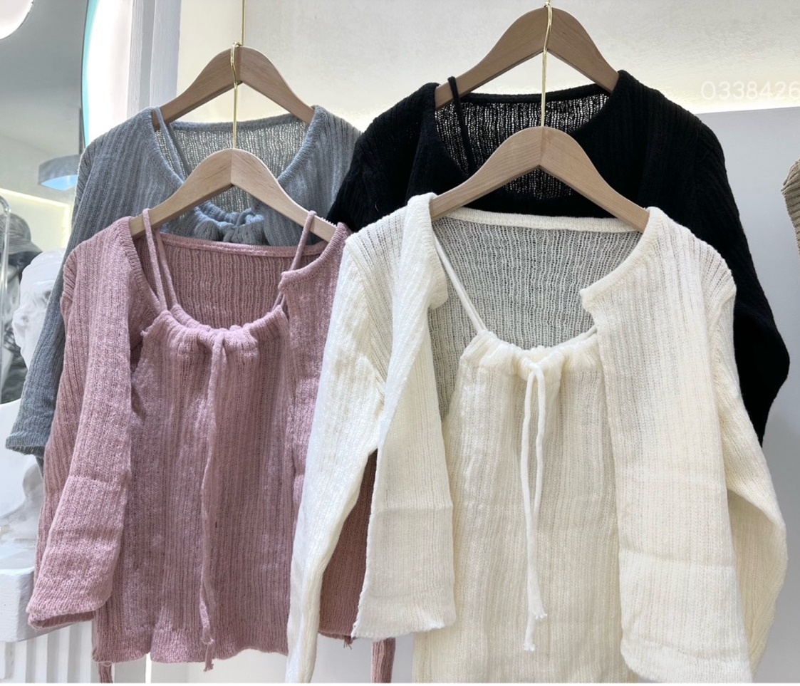SET ÁO LEN CROPTOP DÂY CỔ YẾM TRƠN PASTEL + ÁO KHOÁC CARDIGAN LỬNG TAY DÀI DẠO PHỐ ĐI CHƠI ĐI BIỂN ĐI TIỆC