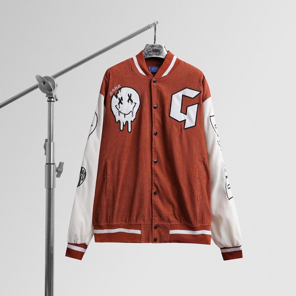 Áo Khóac Nhung Tâm Jacket Varsity Form Rộng Gonz