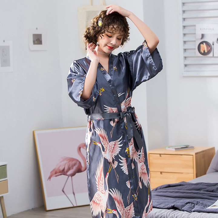 Combo váy ngủ lụa kèm áo choàng chim hạt Q133 - Sét choàng ngủ 2 món, Áo + Váy chất lụa satin cao cấp