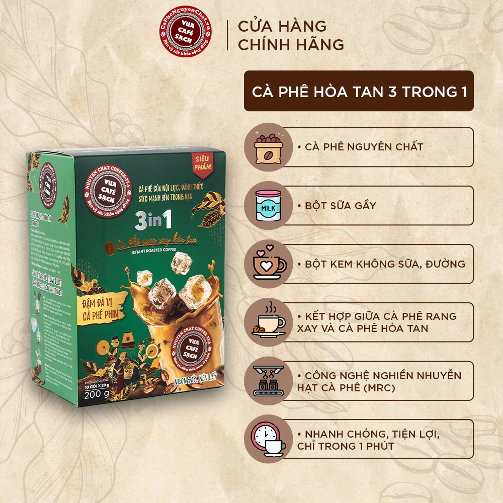 Cà phê hòa tan cao cấp 3 in 1 hương vị nguyên chất, đậm đà vị cà phê phin, thơm mùi cà phê rang - Hộp 10 gói x 200g