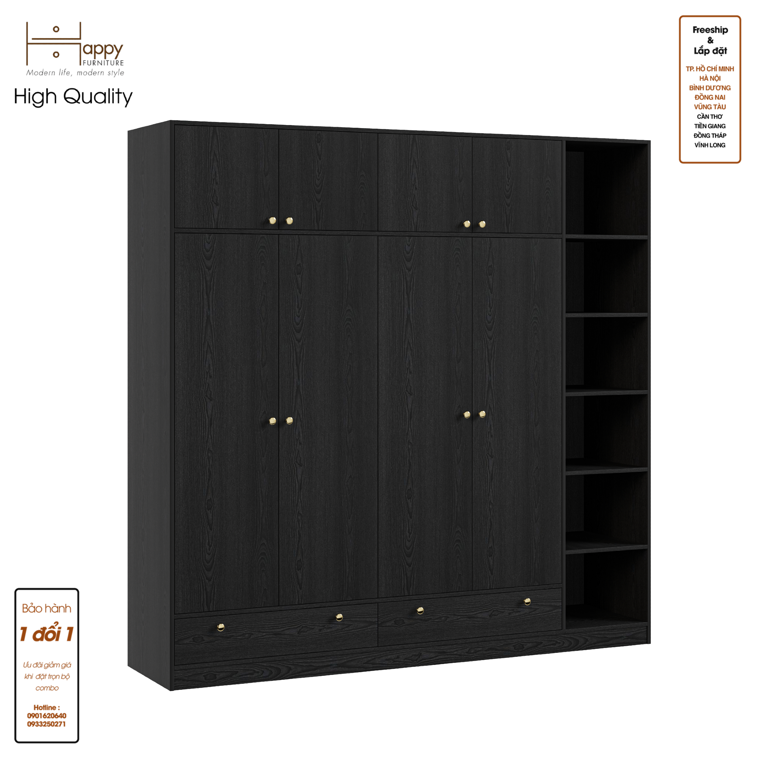 [Happy Home Furniture] ELEGANT, Tủ quần áo 4 cửa mở 2m2x2m2 , 220cm x 54cm x 220cm ( DxRxC), TCM_045