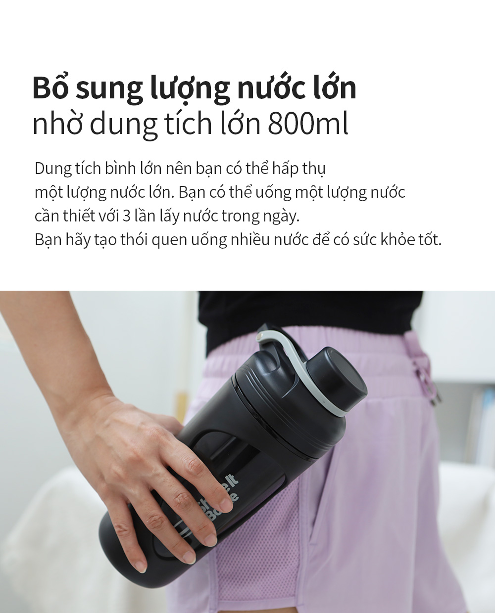 Bình lắc Lock&amp;Lock 800ml Balance Shake It Bottle màu đen HAP949BLK - Hàng chính hãng có quai xách và thanh đo dung tích - JoyMall