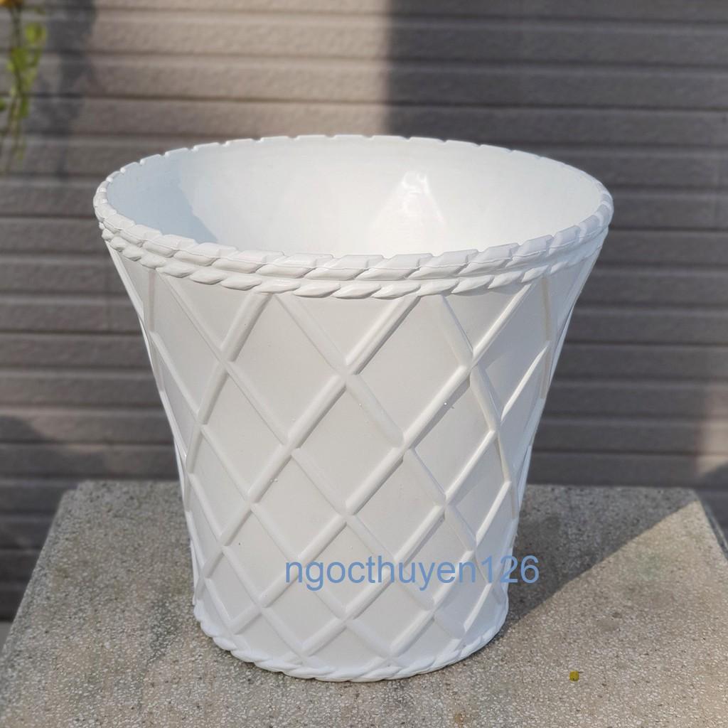 Bộ 02 chậu caro trồng hoa kiểng màu trắng nhựa dày đẹp size lớn 31x28x21cm