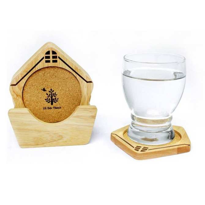 Miếng Lót Ly Cao Cấp Hình Ngôi Nhà, Có Miếng Bần Thấm Nuớc, Khay Đựng Ly Gỗ Trang Trí, Đế Lót Ly