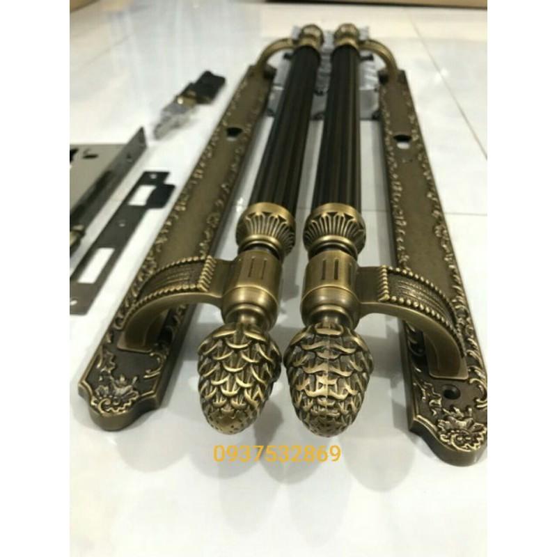 Khóa cửa gỗ kèm tay nắm đồng thau vàng 24k