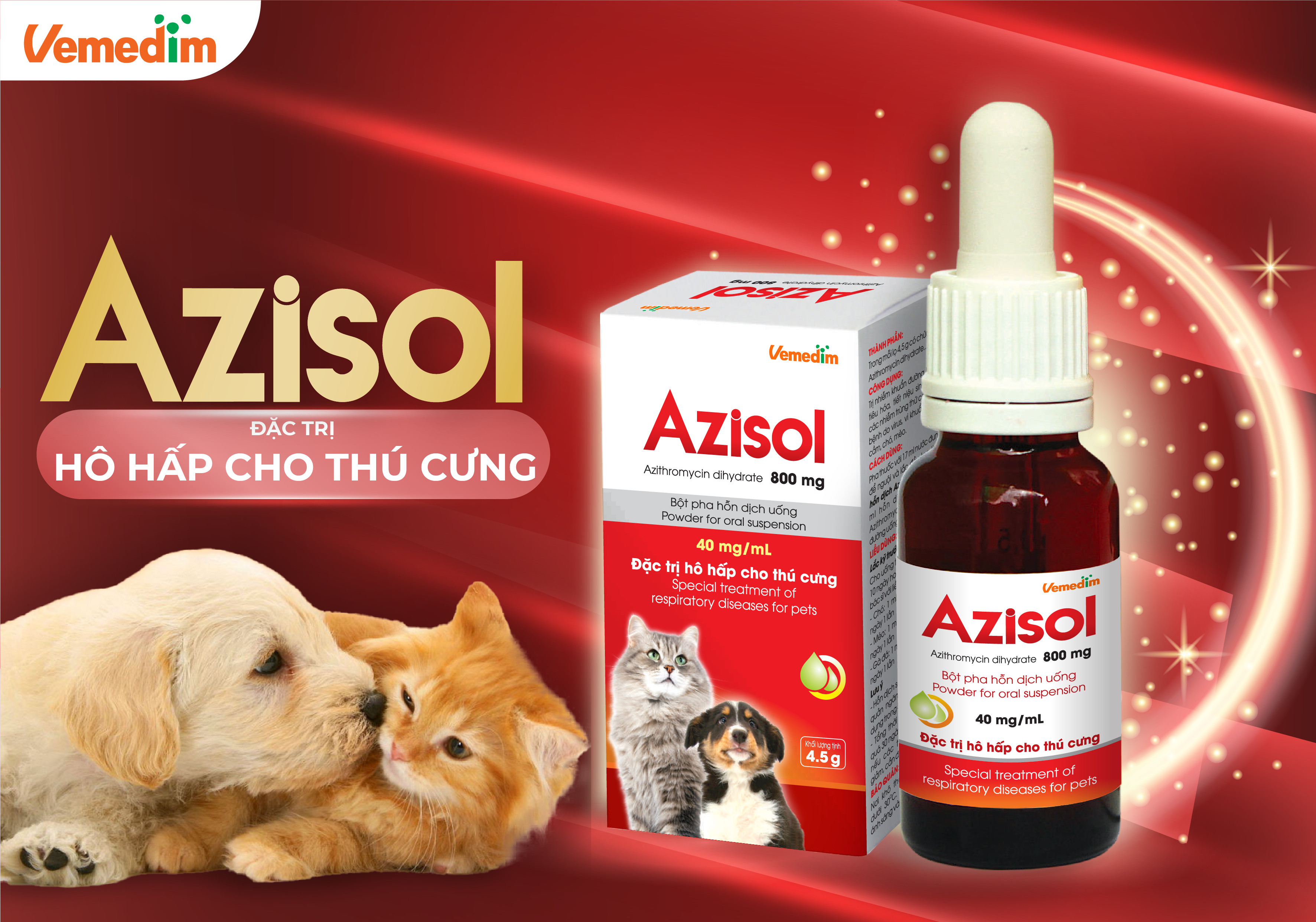 Vemedim Azisol bột pha uống cho chó mèo phòng hô hấp tiêu hóa chai 4.5g