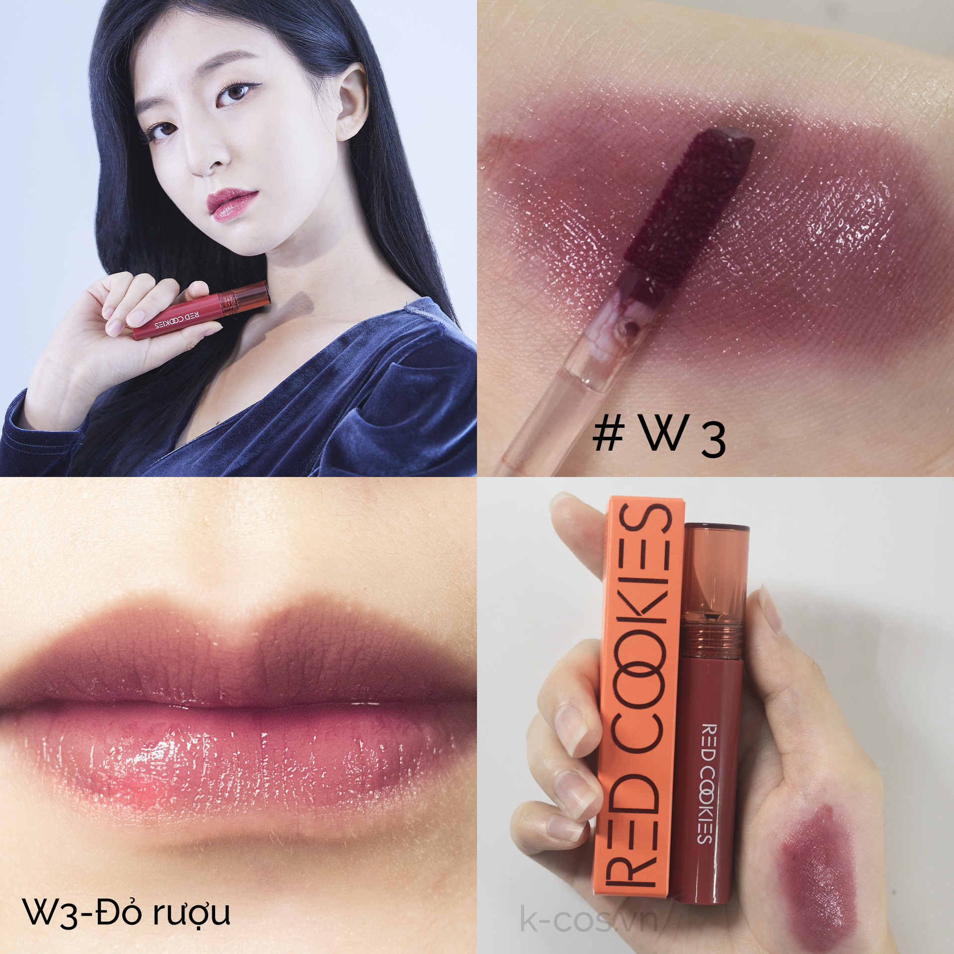 Son Bóng Red Cookies Glow Water Wrap Tint Hàn Quốc Màu W3 - Đỏ Rượu