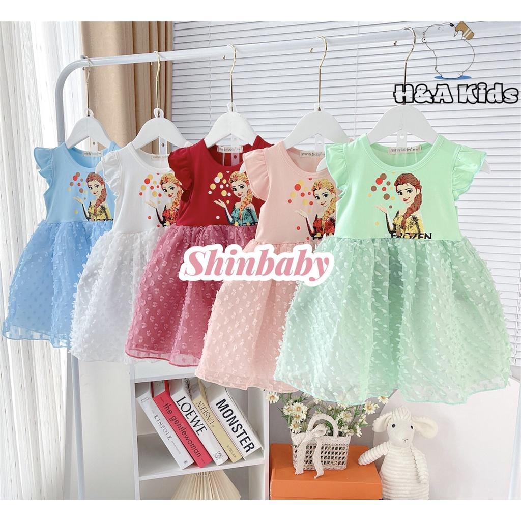 Đầm váy cánh tiên in hình công chúa Elsa, áo thun cotton váy lưới đính bông siêu xinh