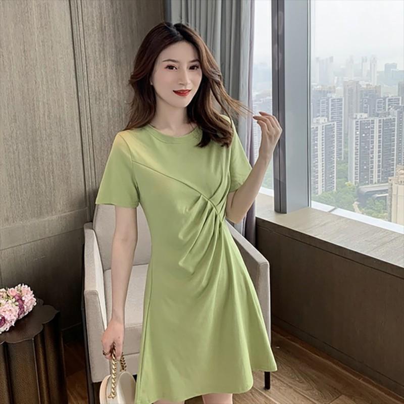 Đầm cổ tròn màu trơn thiết kế thanh lịch