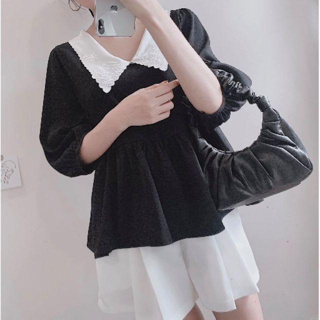 BÁN SỈ SƠ MI ĐEN PEPLUM PHỐI CỔ