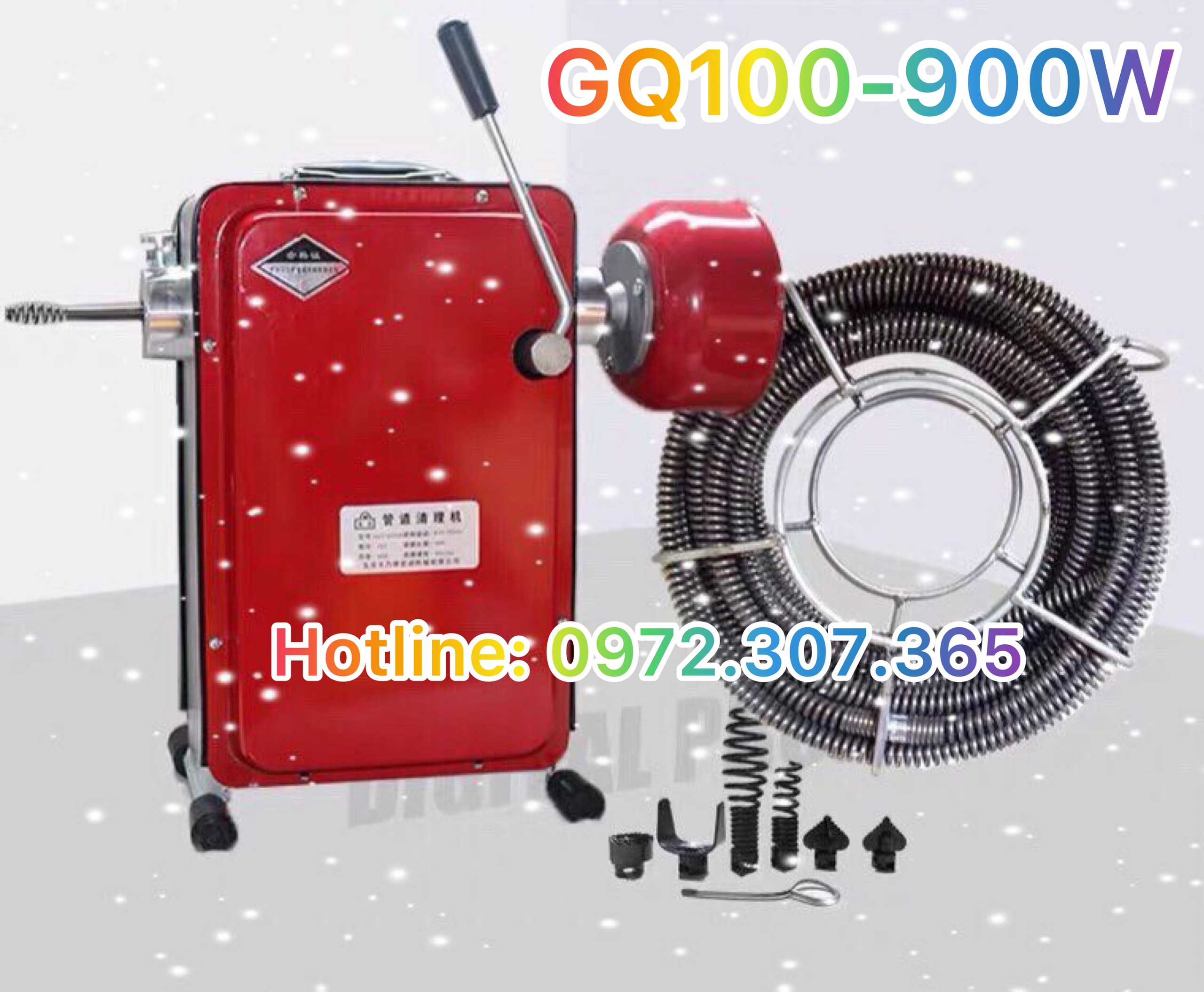 Máy thông tắc cống GQ100-1000w tặng kèm cuộn dây lò xo phi 16 dài 15m và 4m mét cuộn dây lò xo phi 8