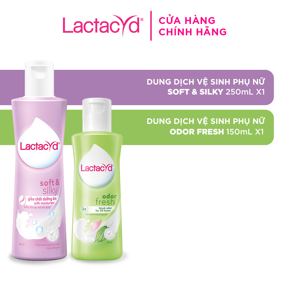 Bộ Dung Dịch Vệ Sinh Phụ Nữ Lactacyd Soft &amp; Silky Dưỡng Ẩm 250ml + Odor Fresh Ngăn Mùi 24H 150ml