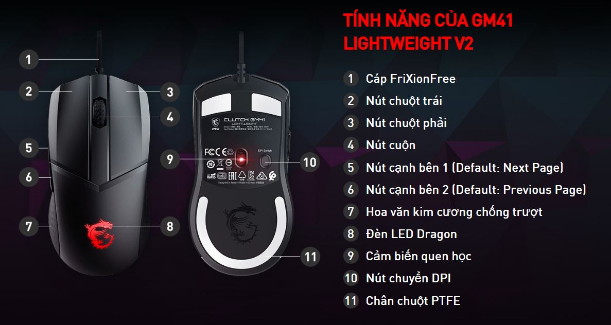 Chuột Gaming MSI Clutch GM41 V2 | Có Dây, Lightweight, 16000 DPI, RGB Mystic Light - GiaPhucStore | Hàng Chính Hãng