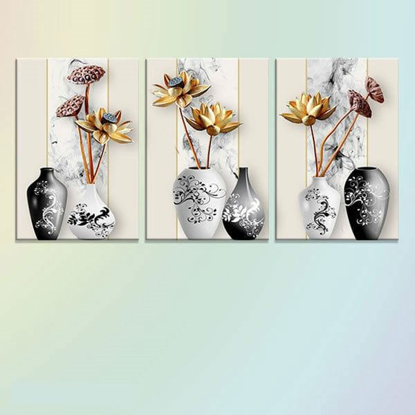 Bộ 3 Tranh Canvas Viền Composite Trang Trí "Hoa Sen" W284