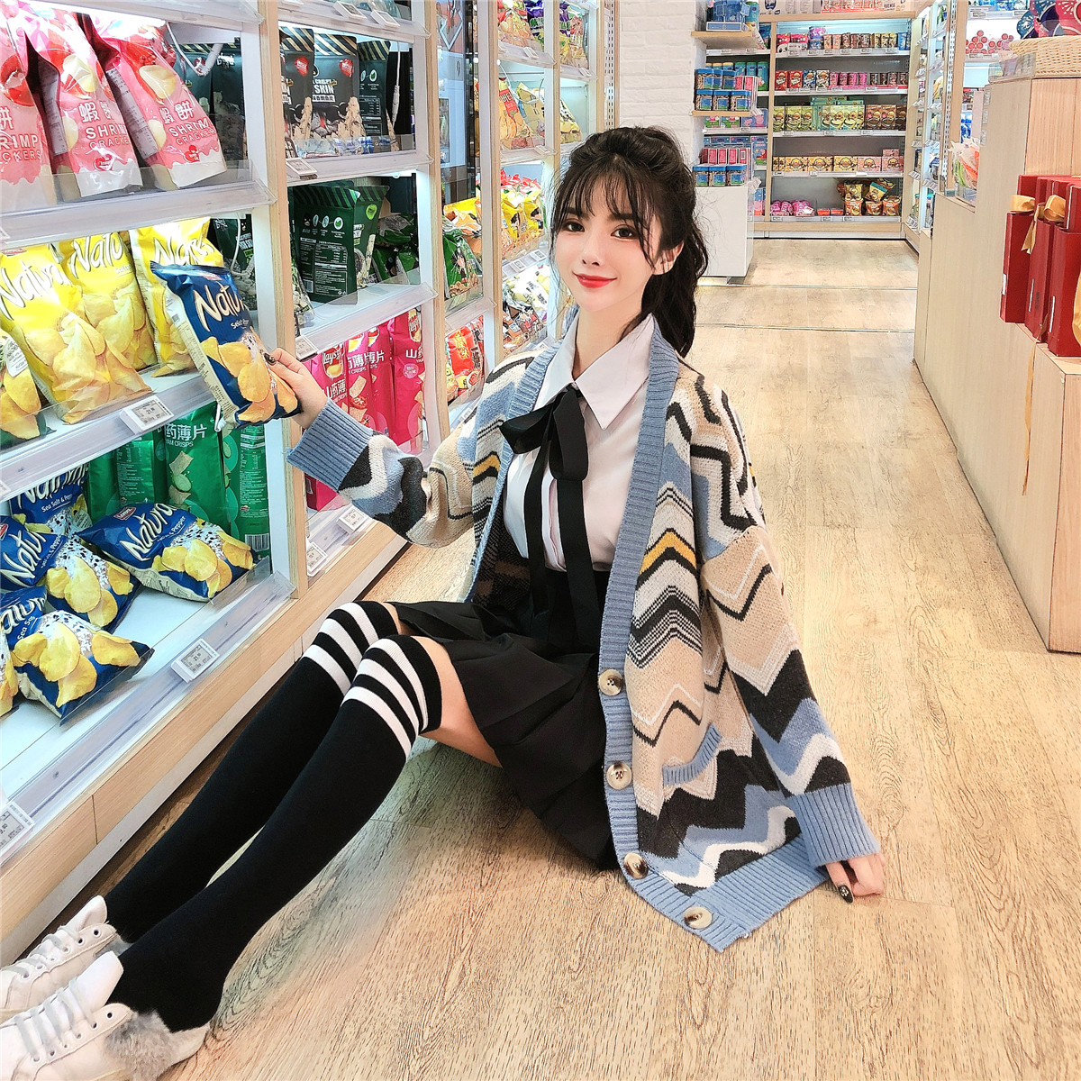 Áo khoác len cardigan gợn sóng màu cute – DL01199