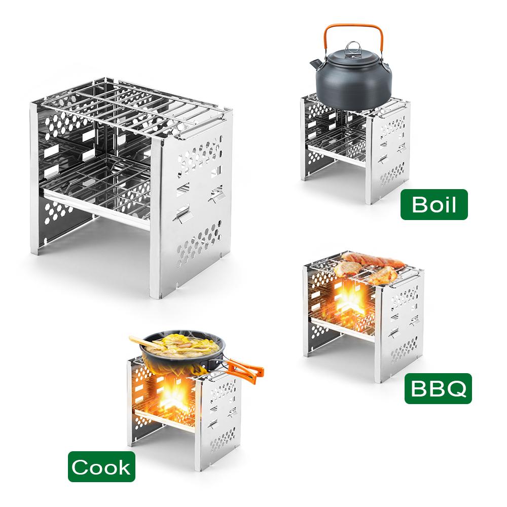 Camping Wood Burning Stove Portable Folding Stainless Steel Backpacking Stove BBQ Grill Stove for Outdoor Picnic Hiking Traveling