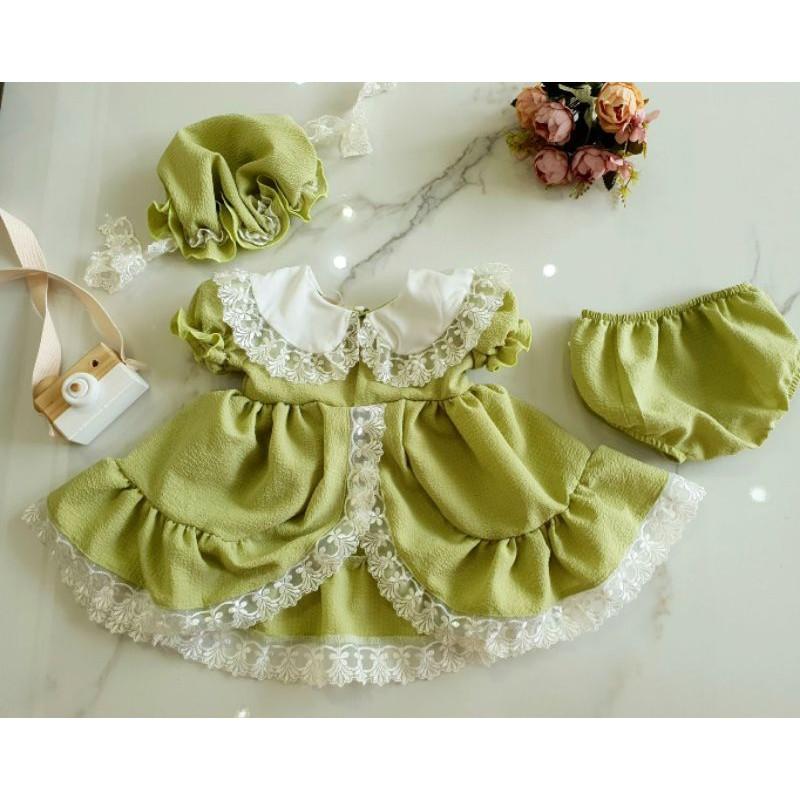 Combo 3 món đầm công chúa thiết kế phối ren nhúng đính nơ siêu xinh cho bé