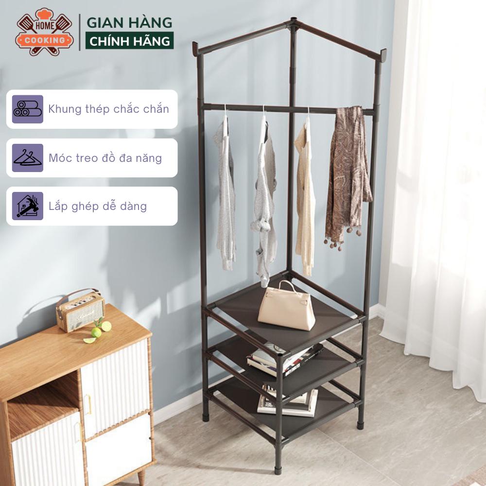 Kệ để đồ đa năng chữ V lắp ghép, kệ góc tường để đồ 2 tầng có chỗ treo quần áo, khung hợp kim thép cao cấp chịu lực tốt