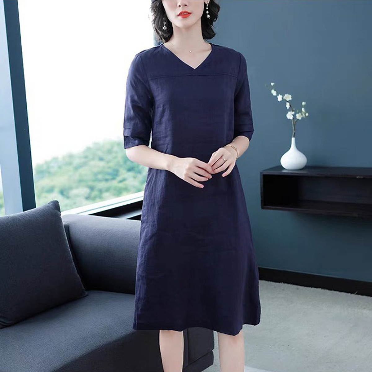 Đầm suông Linen bột Premium cổ tim chồng tay lỡ