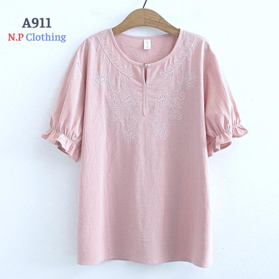 Áo Trung Niên Nữ A911, Mẫu Áo Sơ Mi Thêu Tay Phồng Cổ Tròn Form Rộng Thanh Lịch Bigsize | Thời Trang Trung Niên