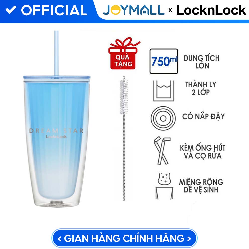 Ly Nhựa 2 Lớp Lock&Amp;Lock Hap507 750Ml - Hàng Chính Hãng, Có Ống Hút, Có Nắp Đậy - Tặng Kèm Cọ Rửa - Xanh Trắng Hap522Blu