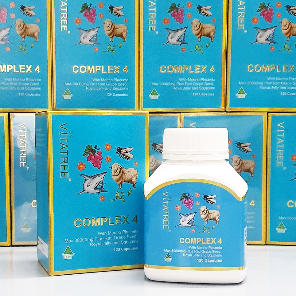 Viên uống kết hợp thành phần nhau thai cừu, sữa ong chúa, squalene và chiết xuất hạt nho Vitatree Complex 4 làm chậm quá trình lão hóa