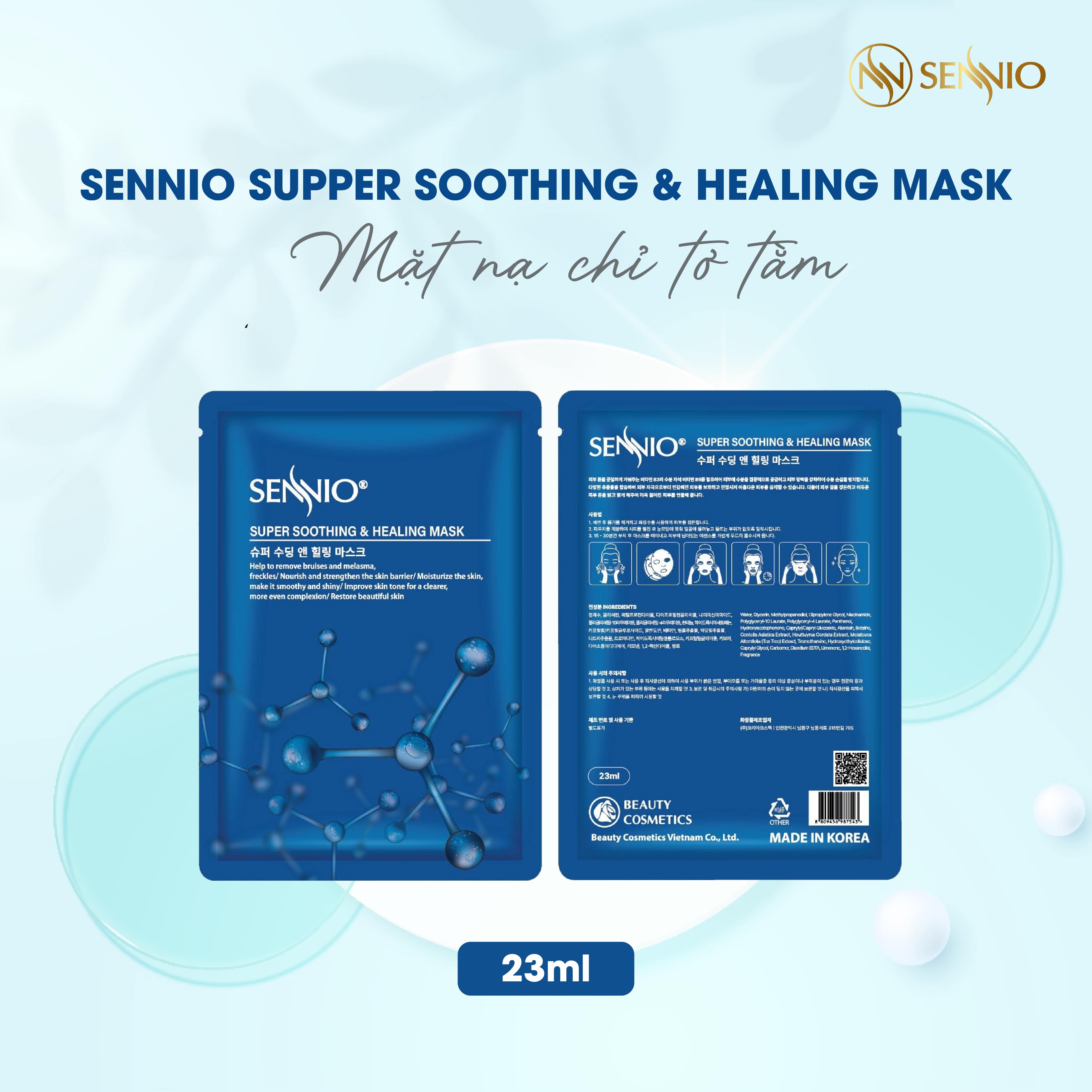 Mặt nạ giấy dưỡng trắng da Sennio Super Soothing &amp; Healing Mask dưỡng ẩm, phục hồi da 23 ml SNO 822