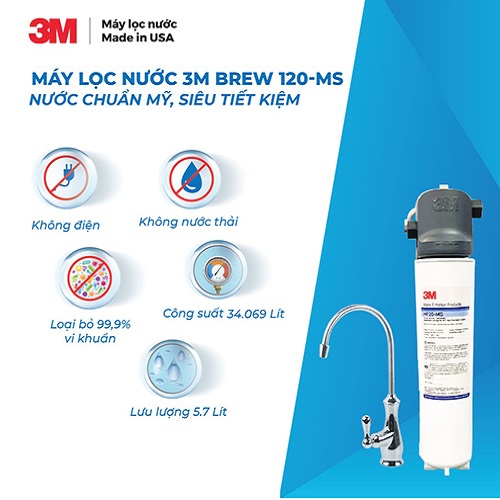 Combo 3M Máy Lọc Nước 3M BREW120-MS Kèm Vòi Và Lọc Thô 3M AP 055T-110 Không Điện - Hàng Chính Hãng