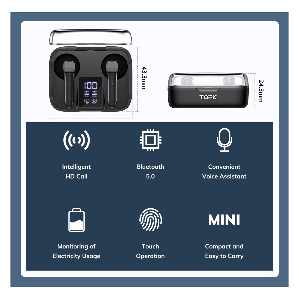 Tai Nghe Không Dây TOPK T20.2 TWS Bluetooth 5.0 Chống Nước, Có Mic và Đồng Hồ Hiển Thị Pin - Hàng chính hãng