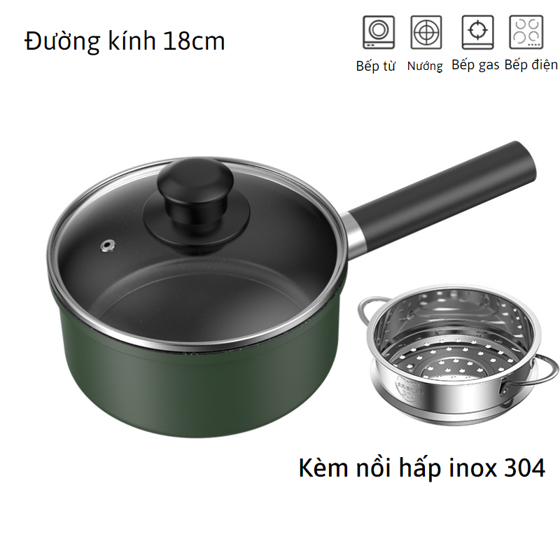 Bộ Nồi Chảo Đá Có Nắp Ăn Dặm Kèm Xửng Hấp Inox Chất Liệu Men Đá Chống Dính An Toàn Cho Bé - Nồi Nấu Bột Chống Dính , Quánh Chống Dính , Nồi Quấy Cháo Cho Bé Size 18cm Phù Hợp Với Nhiều Loại Bếp Ga, Bếp Từ