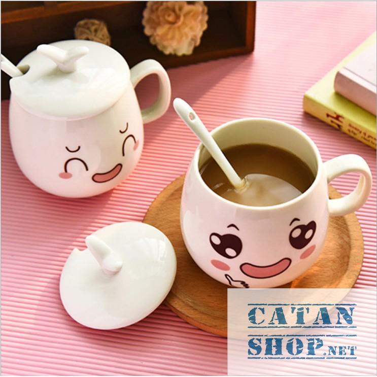 01 Ly cốc sứ có nắp (kèm muỗng) hình biểu cảm siêu cute (giao mẫu ngẫu nhiên) HK062