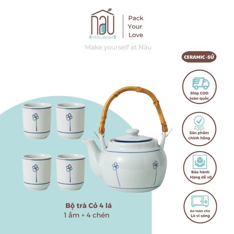Bộ ấm chèn bình trà sứ - CỎ BỐN LÁ - thanh lịch thích hợp thưởng trà, quà, tân gia, doanh nghiệp sẵn có tại nhà của Nâu