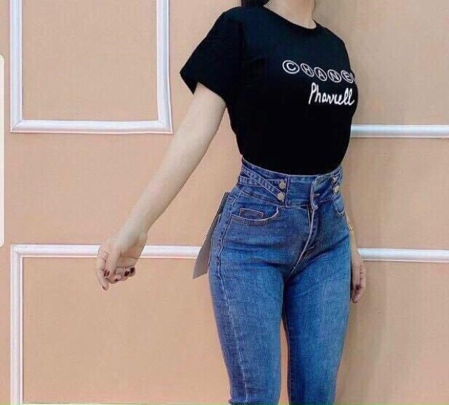 Quần jean lưng cao 2 nút dây đan chéo