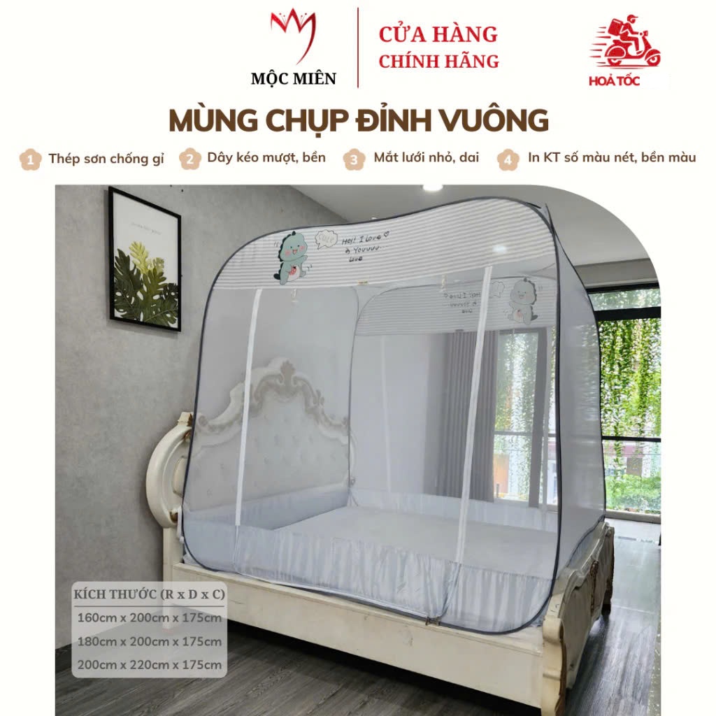 Màn Chụp , Mùng Chụp Cao Cấp Mộc Miên Đỉnh Vuông - Kích Thước 1,6mx2m ( Xám Khủng Long )