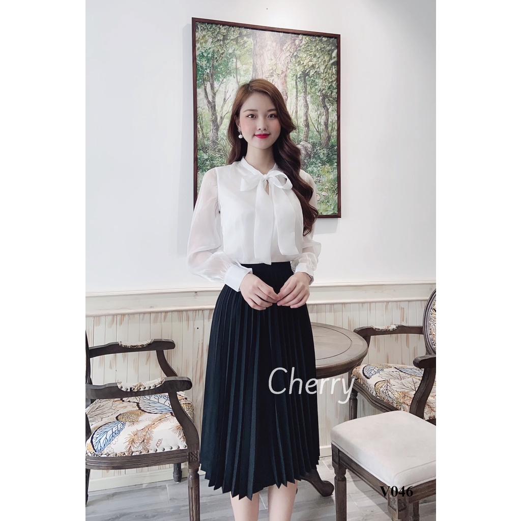Áo sơ mi nữ cổ có nơ Cherry dài tay dáng rộng chất tơ hàn cao cấp thời trang Hàn Quốc V046