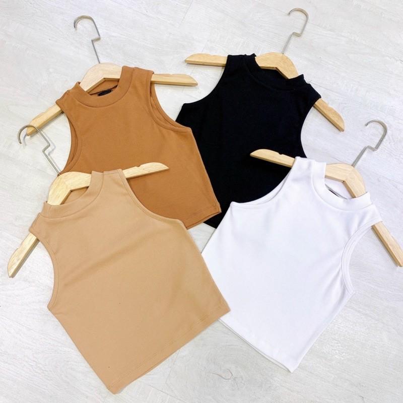 Áo Croptop Thun Gân Nữ 3 Lỗ Kiểu Trơn Sát Nách Cổ Lọ Áo Thun Gân Crop Top Crt Cổ Cao Không Tay Dáng Ôm Body Giá Rẻ Đen