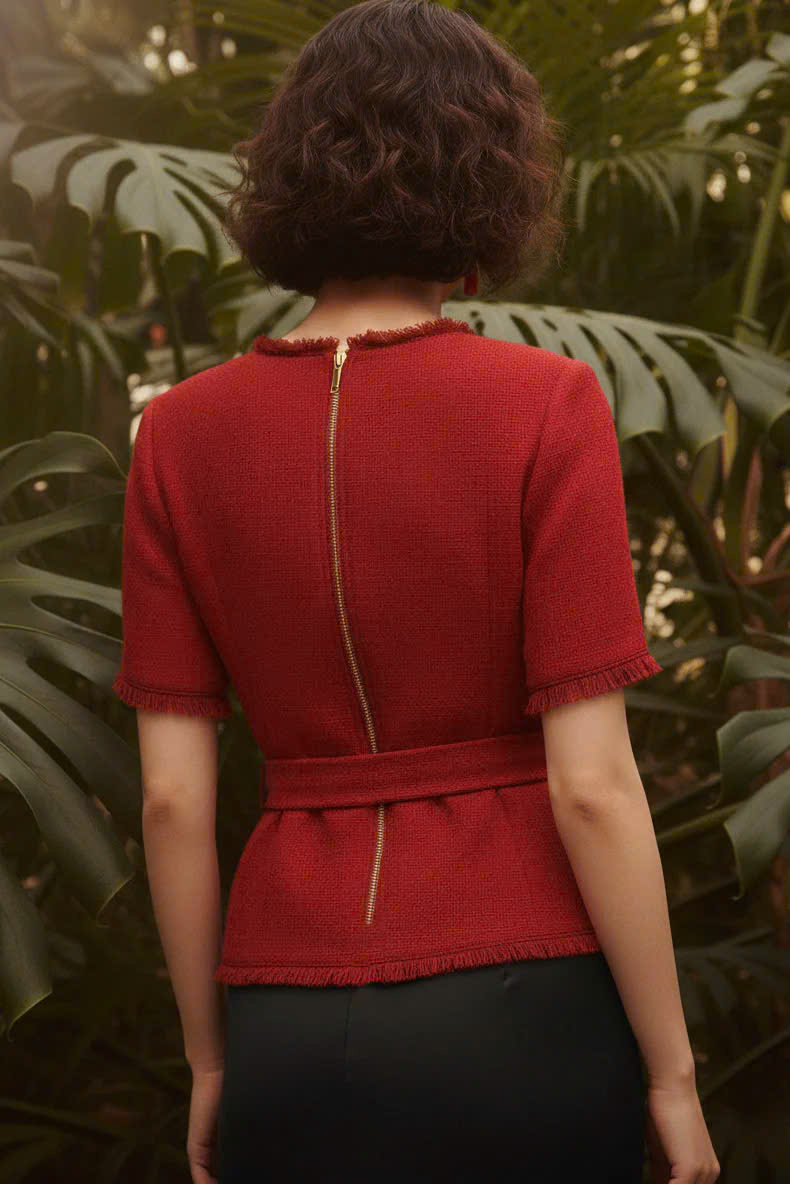 Áo Thắt Eo Peplum Tweed Đỏ Thanh Minh thời trang thiết kế Hity Top213Red