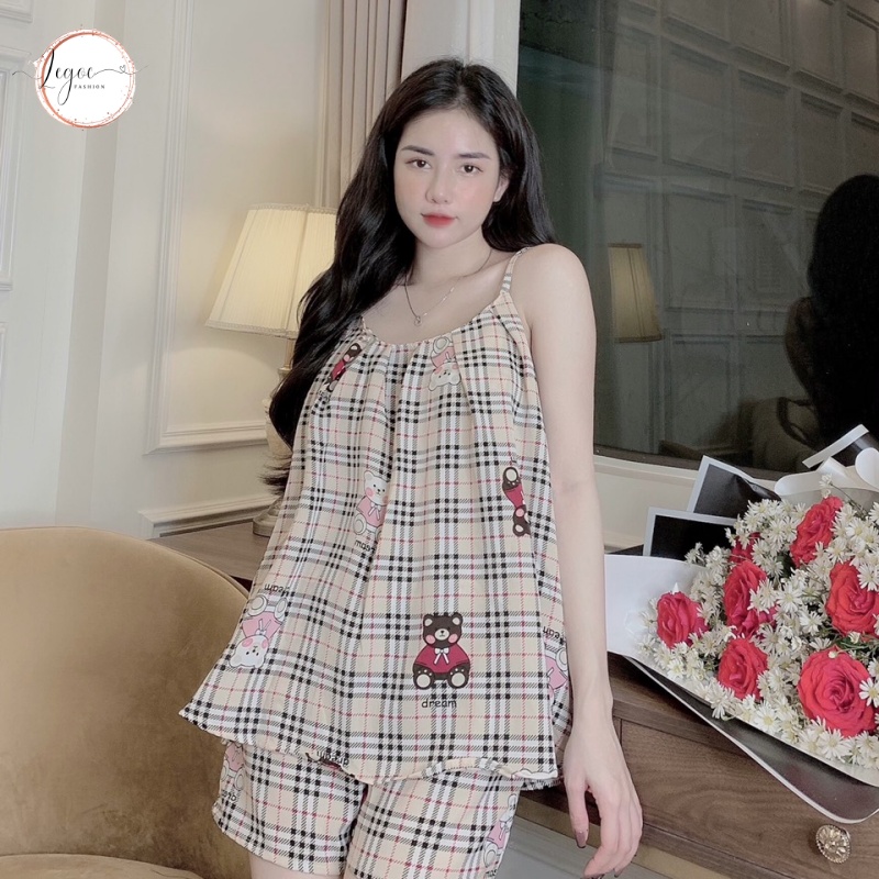 Bộ pijama lụa mango cao cấp, bộ pyjama 2 dây cột nơ quần đùi hoạ tiết quả dâu dễ thương DN02