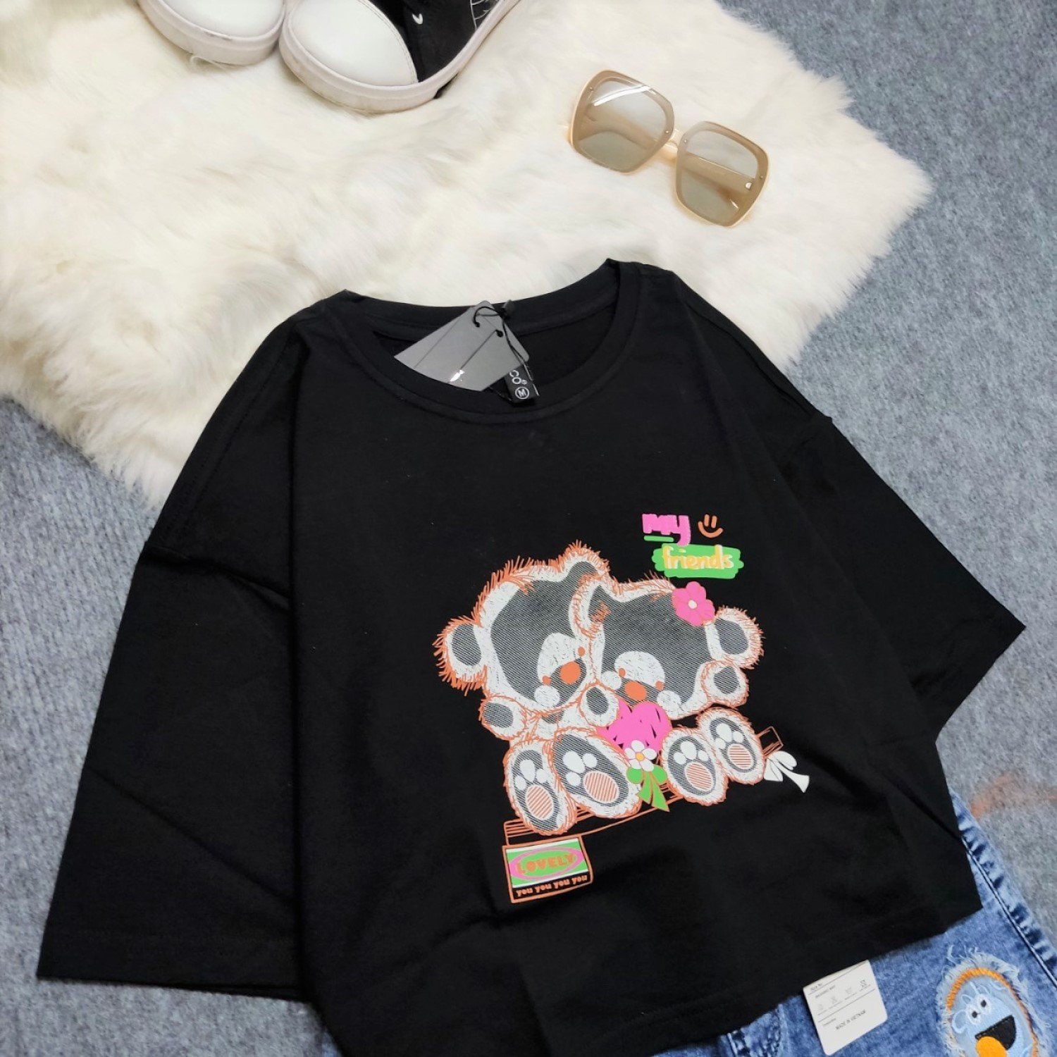 G01XXL Áo Thun Đen Croptop Tay Ngắn Size Siêu Đại Cho Bé Gái Tuổi Teen , Thun cotton mịn mát