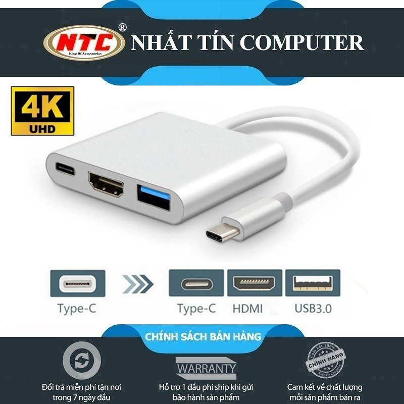 Cáp 3 in 1 chuyển đổi typeC sang HDMI/ USB/ TypeC VS - hỗ trợ chất lượng 4K (Xám)