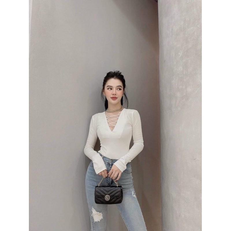 Áo croptop tay dài đan dây trước ngực siêu sexy- A5N Áo Croptop Tay Dài Bozip Đan Dây Trước Ngực