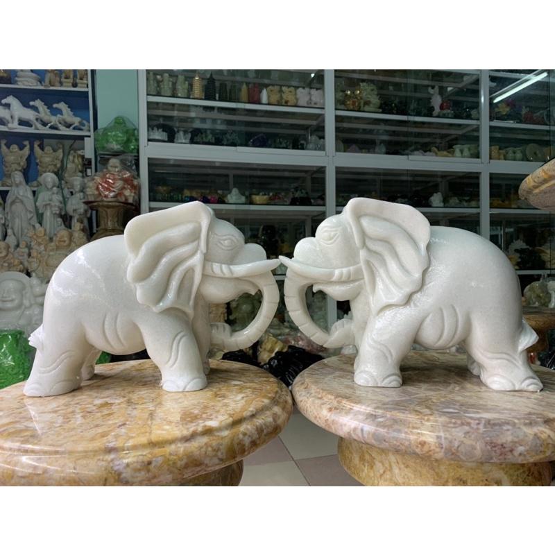 Cặp Voi Đá Cẩm Thạch Trắng - ngang 30cm