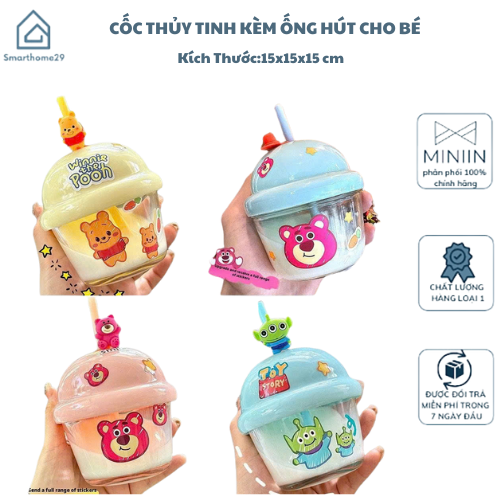 Cốc Thủy Tinh 210ml Cho Bé + Ống Hút + Sticker Tặng Kèm Tiện Dụng - HÀNG CHÍNH HÃNG MINIIN