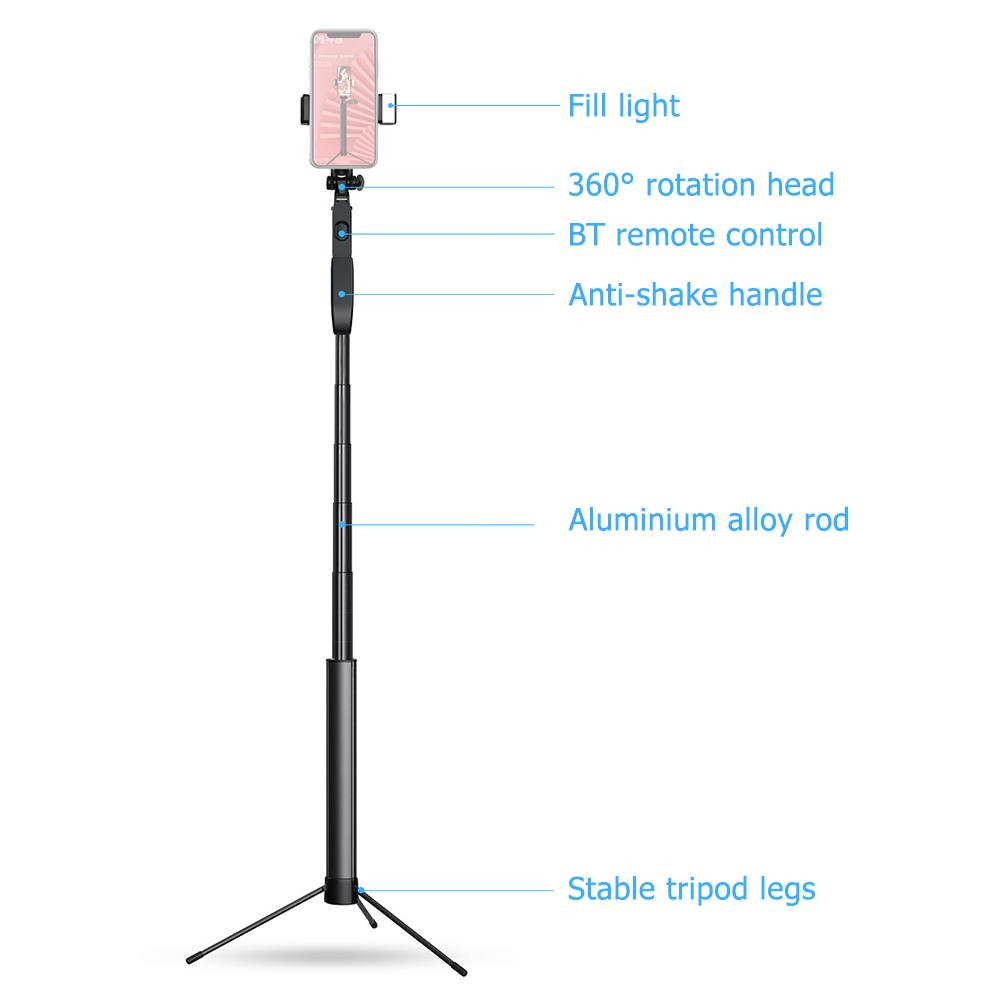 Chân đế chụp ảnh tự sướng di động ổn định cầm tay với BT Remote Fill Light Đầu xoay 360 °