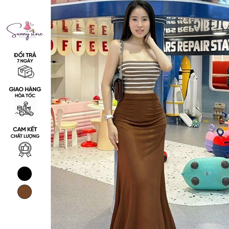 Set Áo 2 Dây Kẻ Chân Váy Đuôi Cá Dài Chất Gân Năng Động