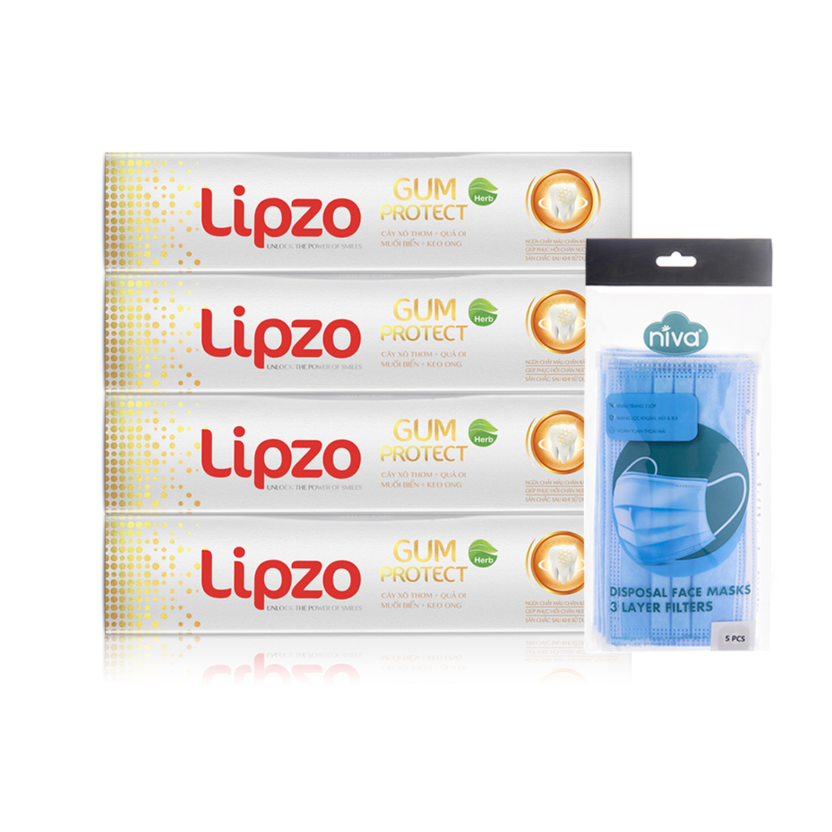 Combo 4 Kem Đánh Răng Lipzo Gum Protect 95g [TẶNG] 10 Chiếc Khẩu Trang Y Tế